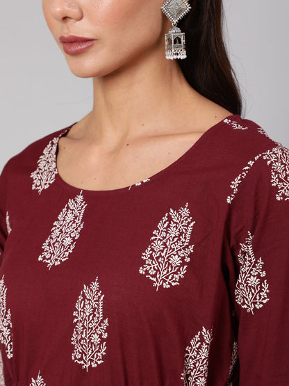 Women Maroon Ethnic Printed Gathered Dress With Three Quarter Sleeves | LASVINI - Redefining Indian Fashion with Elegance