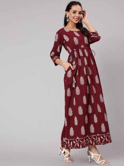 Women Maroon Ethnic Printed Gathered Dress With Three Quarter Sleeves | LASVINI - Redefining Indian Fashion with Elegance