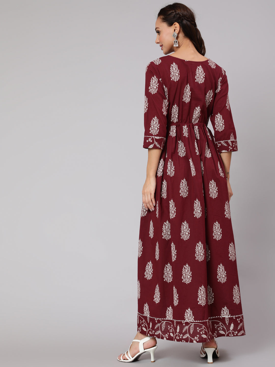 Women Maroon Ethnic Printed Gathered Dress With Three Quarter Sleeves | LASVINI - Redefining Indian Fashion with Elegance