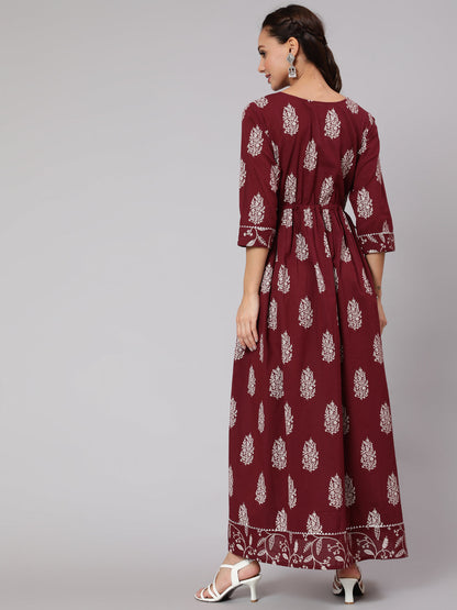 Women Maroon Ethnic Printed Gathered Dress With Three Quarter Sleeves | LASVINI - Redefining Indian Fashion with Elegance