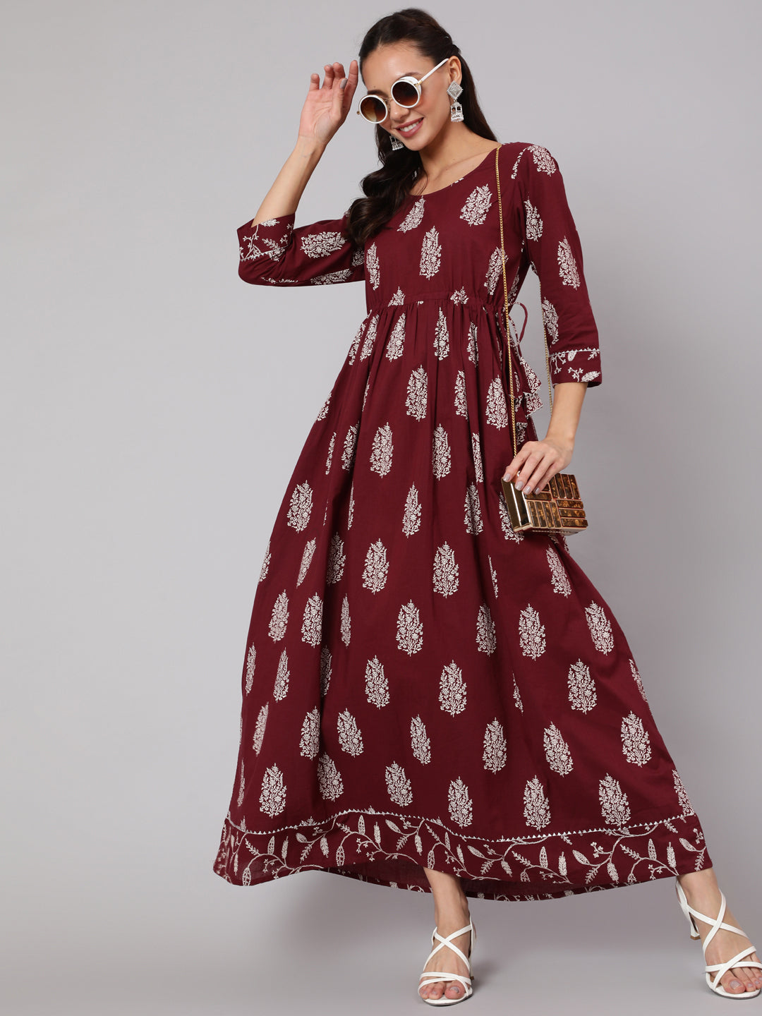 Women Maroon Ethnic Printed Gathered Dress With Three Quarter Sleeves | LASVINI - Redefining Indian Fashion with Elegance