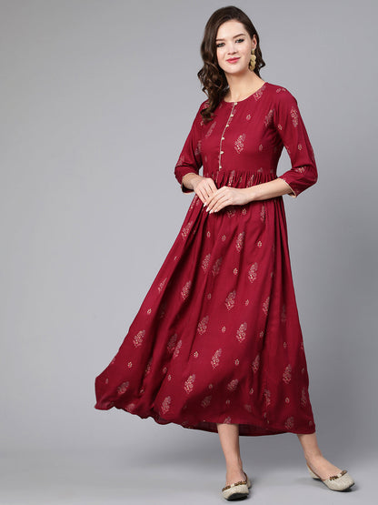 Women Burgundy Printed Flared Dress With Three Quarter Sleeves | LASVINI - Redefining Indian Fashion with Elegance