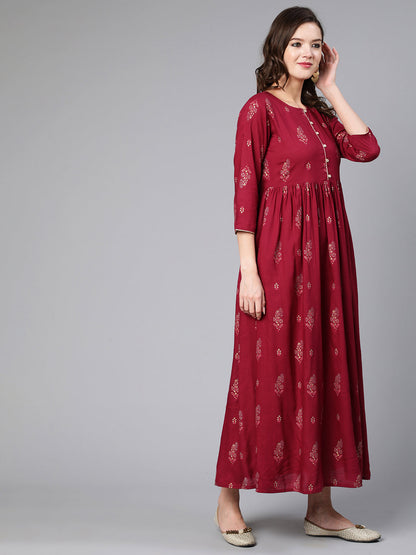Women Burgundy Printed Flared Dress With Three Quarter Sleeves | LASVINI - Redefining Indian Fashion with Elegance