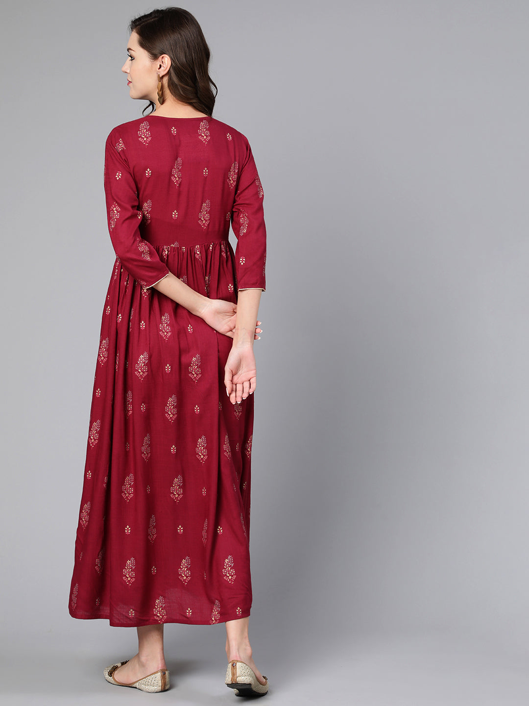 Women Burgundy Printed Flared Dress With Three Quarter Sleeves | LASVINI - Redefining Indian Fashion with Elegance
