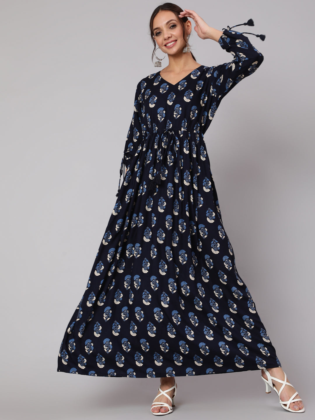 Women Navy Blue Ethnic Printed Gathered Dress With Three Quarter Sleeves | LASVINI - Redefining Indian Fashion with Elegance