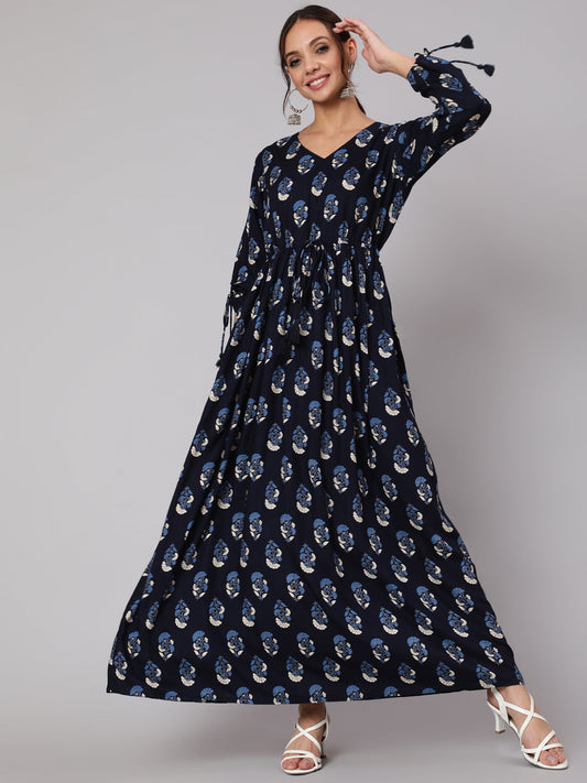 Women Navy Blue Ethnic Printed Gathered Dress With Three Quarter Sleeves | LASVINI - Redefining Indian Fashion with Elegance
