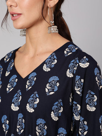 Women Navy Blue Ethnic Printed Gathered Dress With Three Quarter Sleeves | LASVINI - Redefining Indian Fashion with Elegance
