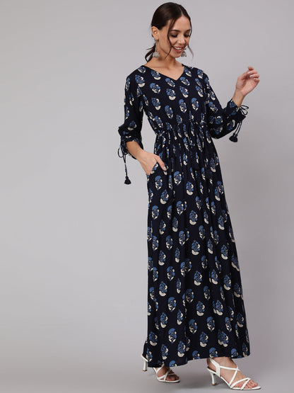 Women Navy Blue Ethnic Printed Gathered Dress With Three Quarter Sleeves | LASVINI - Redefining Indian Fashion with Elegance