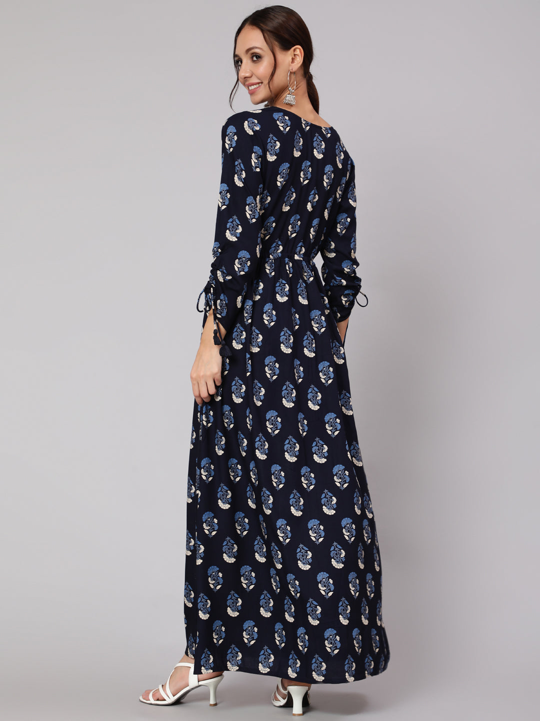 Women Navy Blue Ethnic Printed Gathered Dress With Three Quarter Sleeves | LASVINI - Redefining Indian Fashion with Elegance