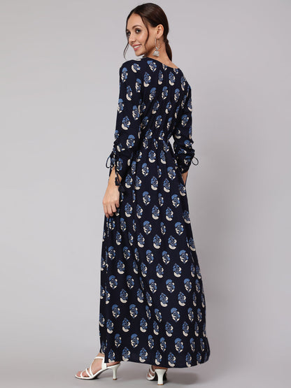 Women Navy Blue Ethnic Printed Gathered Dress With Three Quarter Sleeves | LASVINI - Redefining Indian Fashion with Elegance