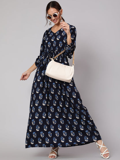 Women Navy Blue Ethnic Printed Gathered Dress With Three Quarter Sleeves | LASVINI - Redefining Indian Fashion with Elegance