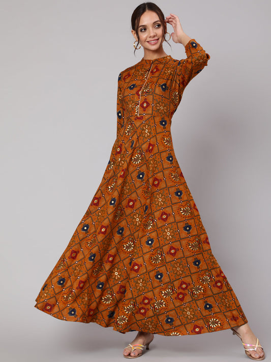 Women Mustrad Ethnic Printed Gathered Dress With Three Quarter Sleeves | LASVINI - Redefining Indian Fashion with Elegance