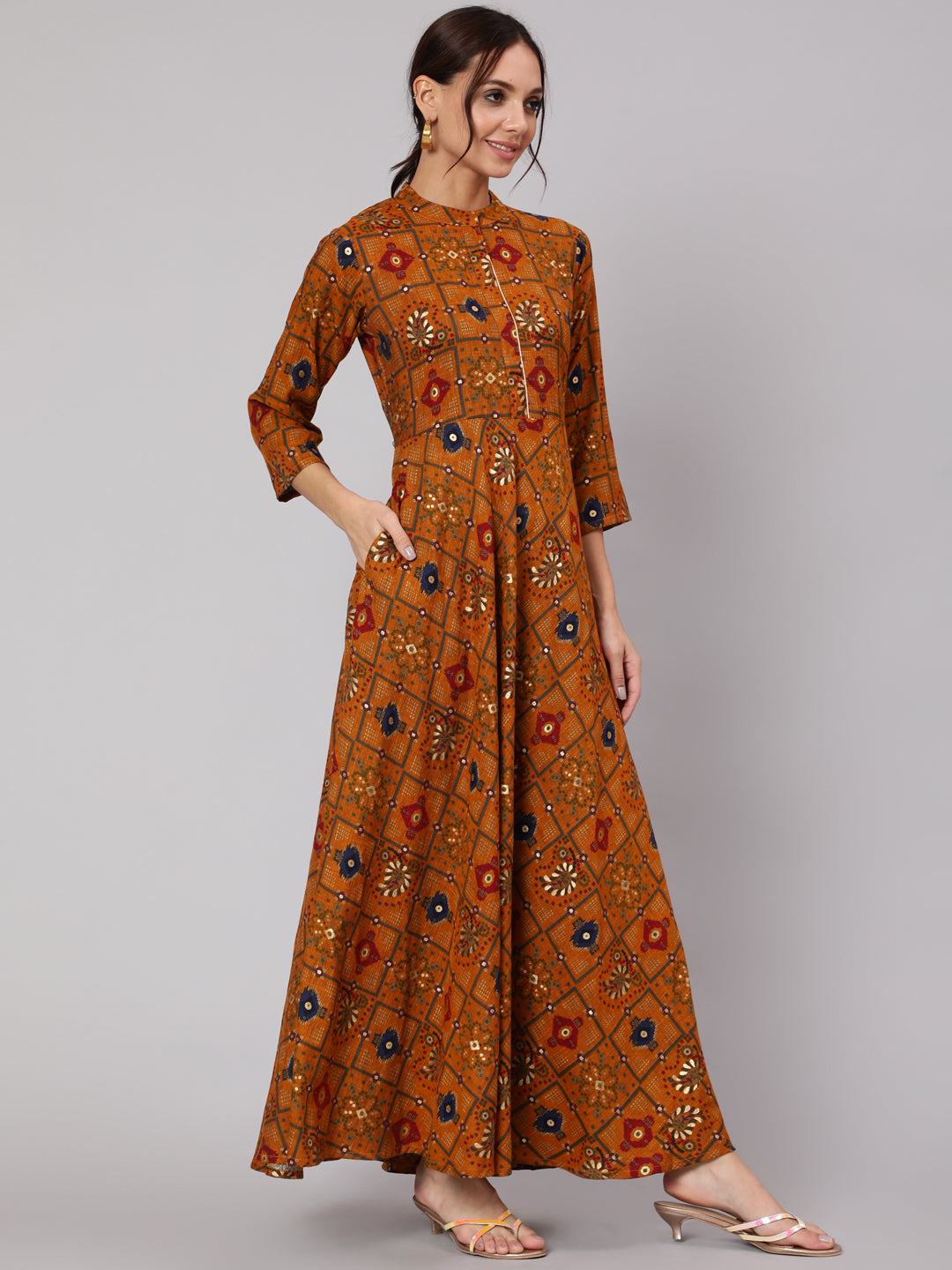 Women Mustrad Ethnic Printed Gathered Dress With Three Quarter Sleeves | LASVINI - Redefining Indian Fashion with Elegance