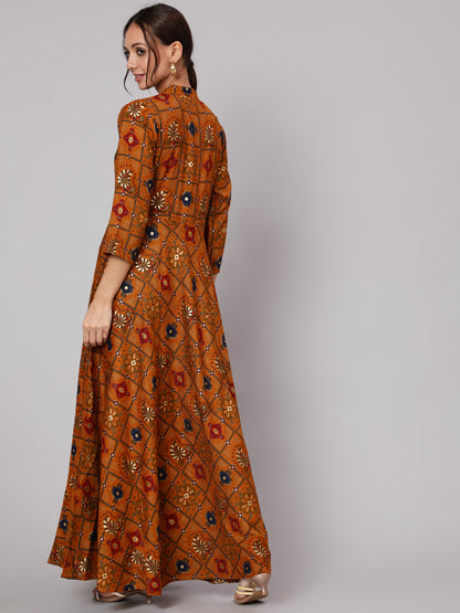 Women Mustrad Ethnic Printed Gathered Dress With Three Quarter Sleeves | LASVINI - Redefining Indian Fashion with Elegance