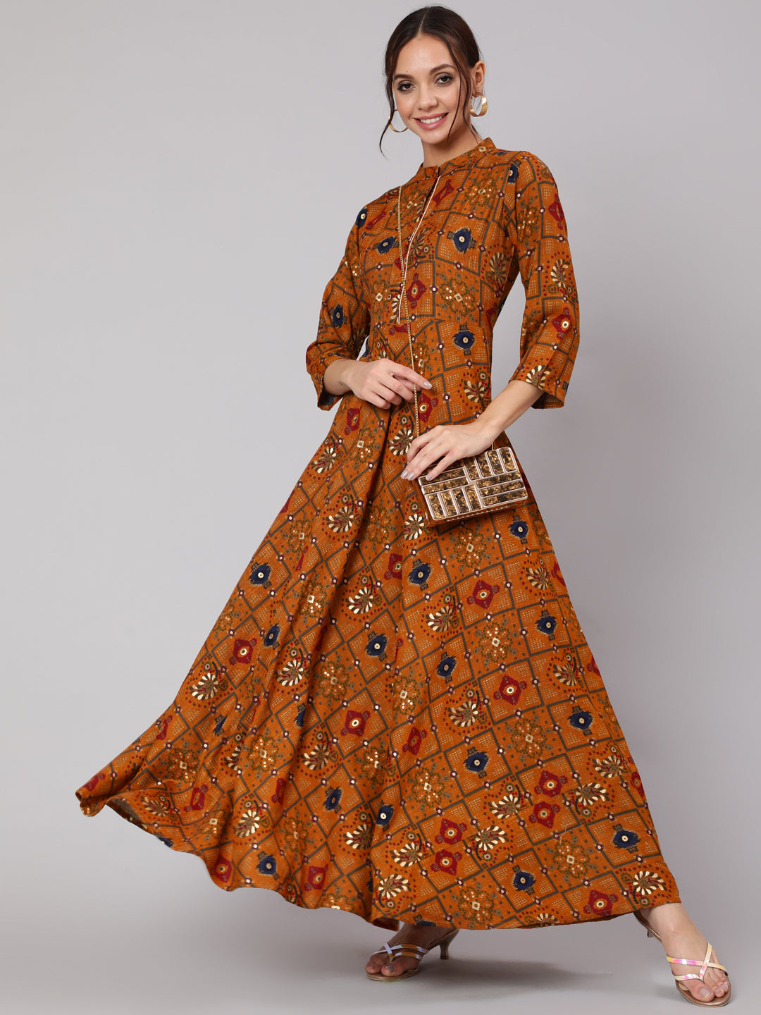 Women Mustrad Ethnic Printed Gathered Dress With Three Quarter Sleeves | LASVINI - Redefining Indian Fashion with Elegance