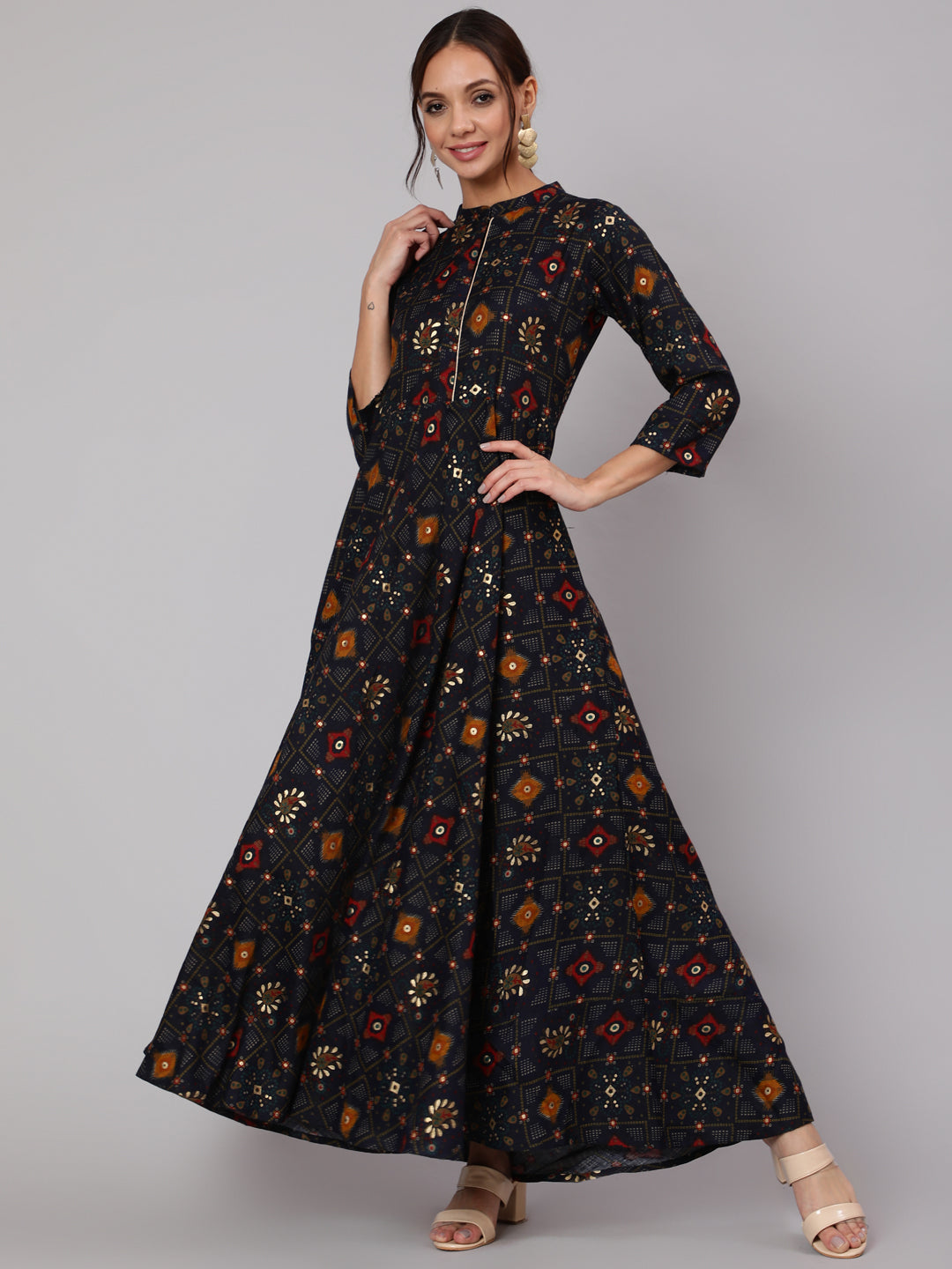 Women Navy Blue Ethnic Printed Gathered Dress With Three Quarter Sleeves | LASVINI - Redefining Indian Fashion with Elegance