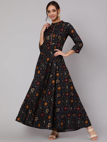 Women Navy Blue Ethnic Printed Gathered Dress With Three Quarter Sleeves | LASVINI - Redefining Indian Fashion with Elegance