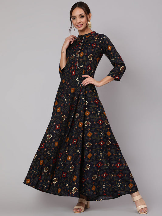 Women Navy Blue Ethnic Printed Gathered Dress With Three Quarter Sleeves | LASVINI - Redefining Indian Fashion with Elegance