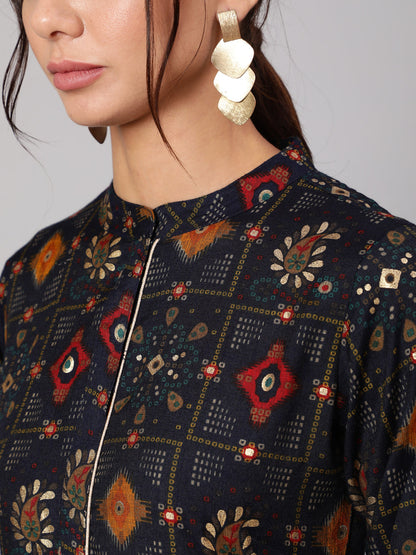 Women Navy Blue Ethnic Printed Gathered Dress With Three Quarter Sleeves | LASVINI - Redefining Indian Fashion with Elegance