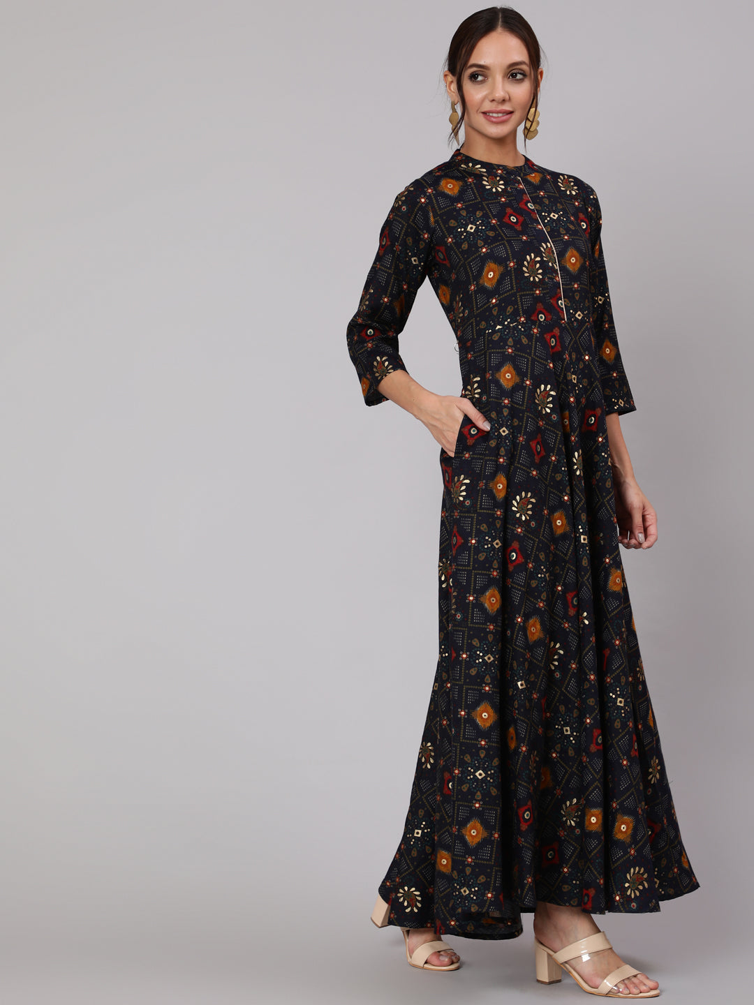Women Navy Blue Ethnic Printed Gathered Dress With Three Quarter Sleeves | LASVINI - Redefining Indian Fashion with Elegance