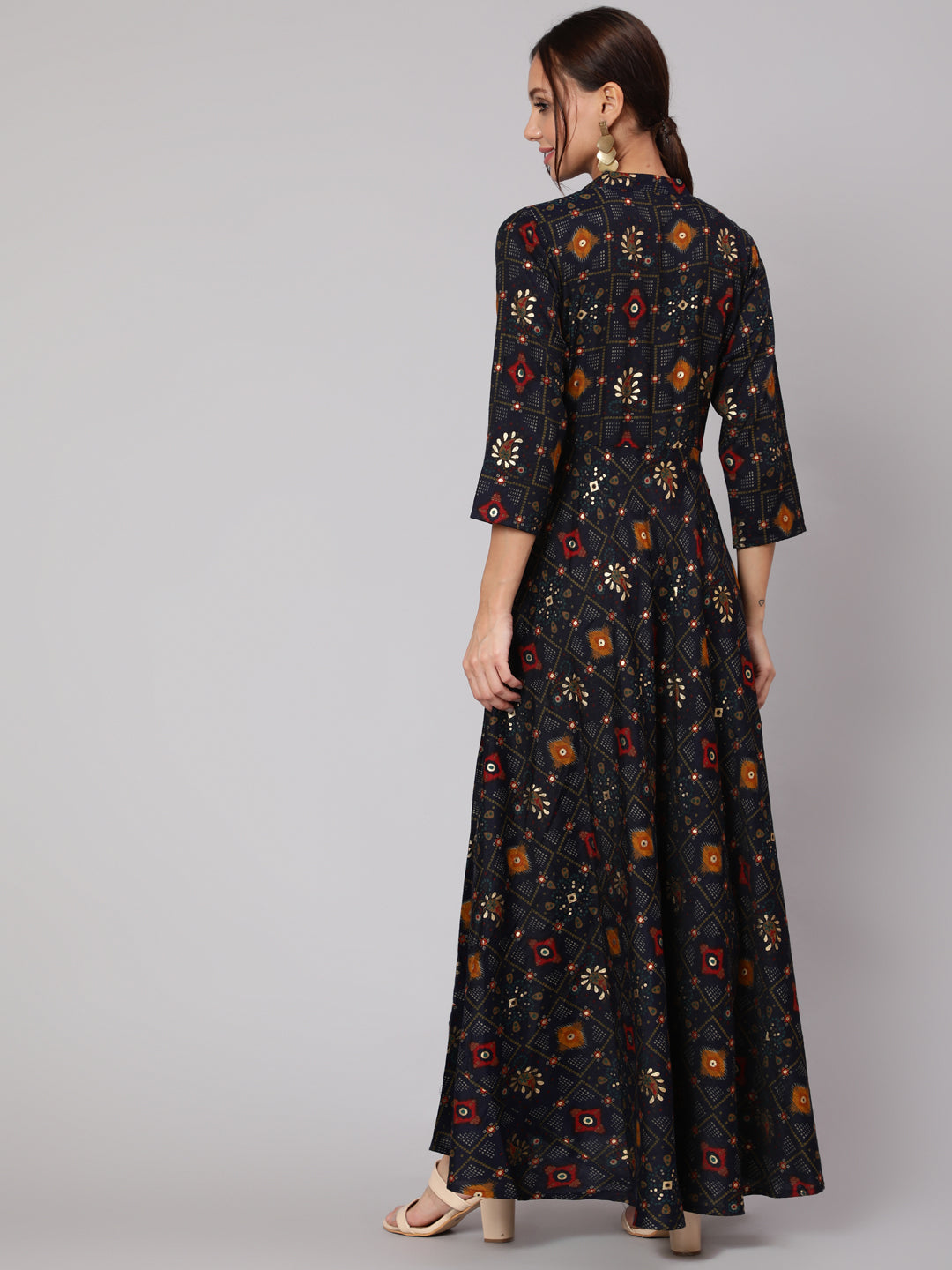 Women Navy Blue Ethnic Printed Gathered Dress With Three Quarter Sleeves | LASVINI - Redefining Indian Fashion with Elegance