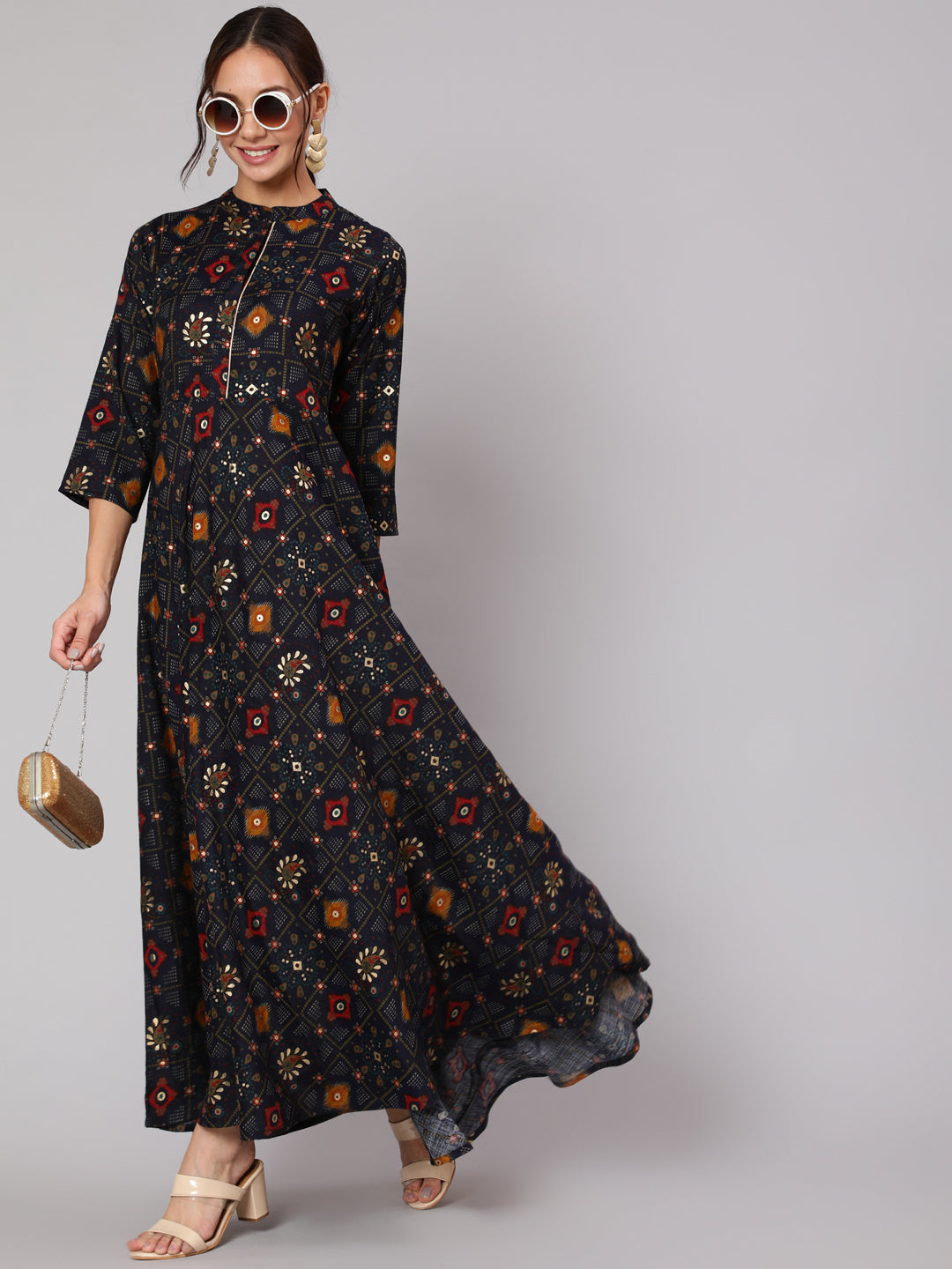Women Navy Blue Ethnic Printed Gathered Dress With Three Quarter Sleeves | LASVINI - Redefining Indian Fashion with Elegance