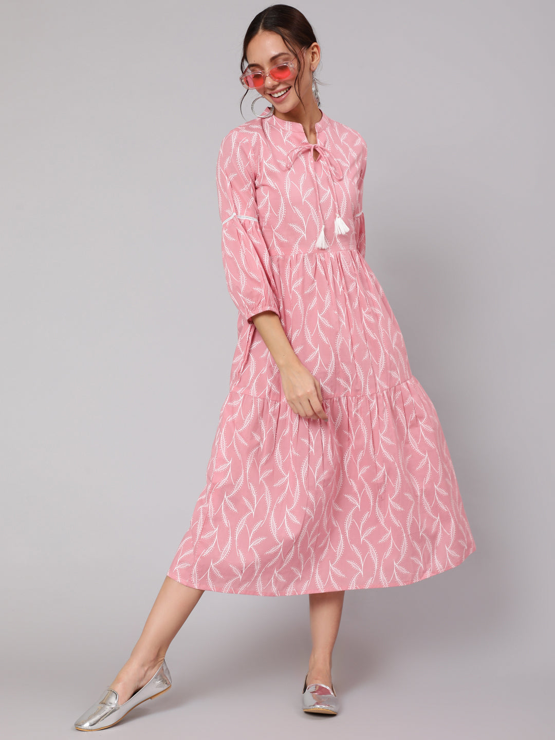 Women Pink Abstrac Printed Gathered Dress With Three Quarter Sleeves | LASVINI - Redefining Indian Fashion with Elegance