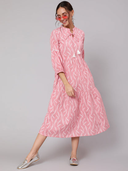 Women Pink Abstrac Printed Gathered Dress With Three Quarter Sleeves | LASVINI - Redefining Indian Fashion with Elegance