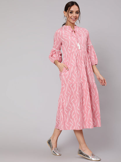 Women Pink Abstrac Printed Gathered Dress With Three Quarter Sleeves | LASVINI - Redefining Indian Fashion with Elegance