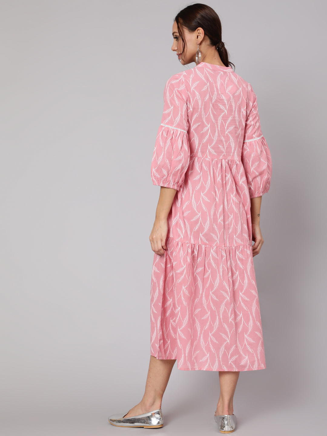 Women Pink Abstrac Printed Gathered Dress With Three Quarter Sleeves | LASVINI - Redefining Indian Fashion with Elegance
