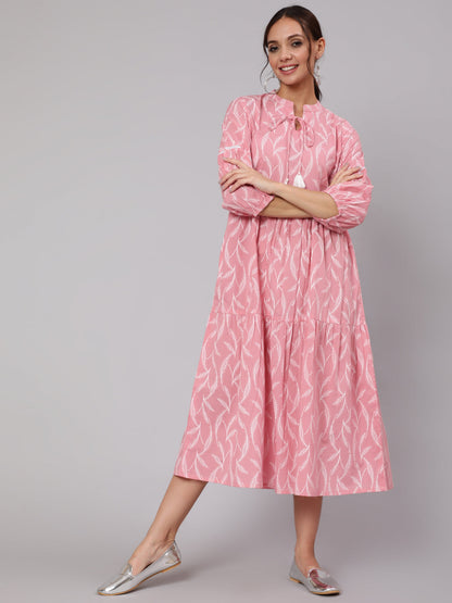 Women Pink Abstrac Printed Gathered Dress With Three Quarter Sleeves | LASVINI - Redefining Indian Fashion with Elegance