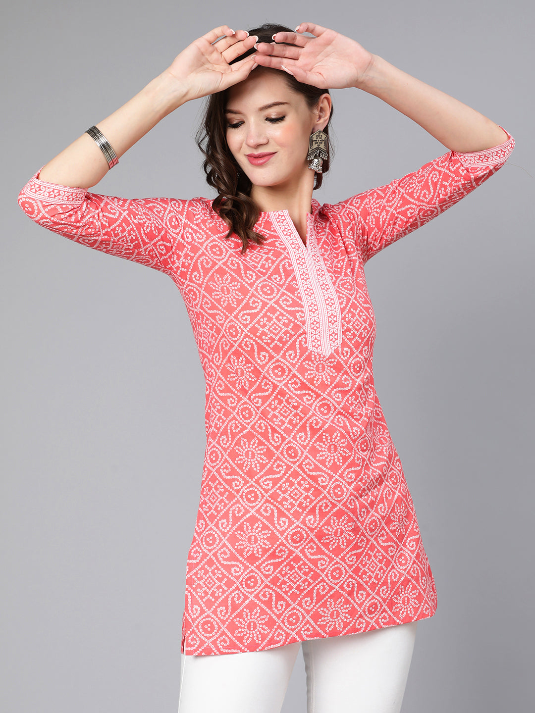 Women Pink Bandhani Printed Straight Tunic | LASVINI - Redefining Indian Fashion with Elegance