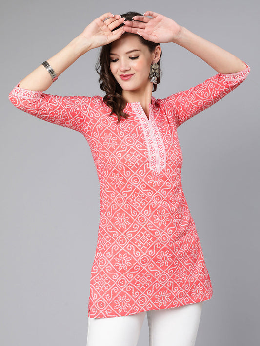 Women Pink Bandhani Printed Straight Tunic | LASVINI - Redefining Indian Fashion with Elegance