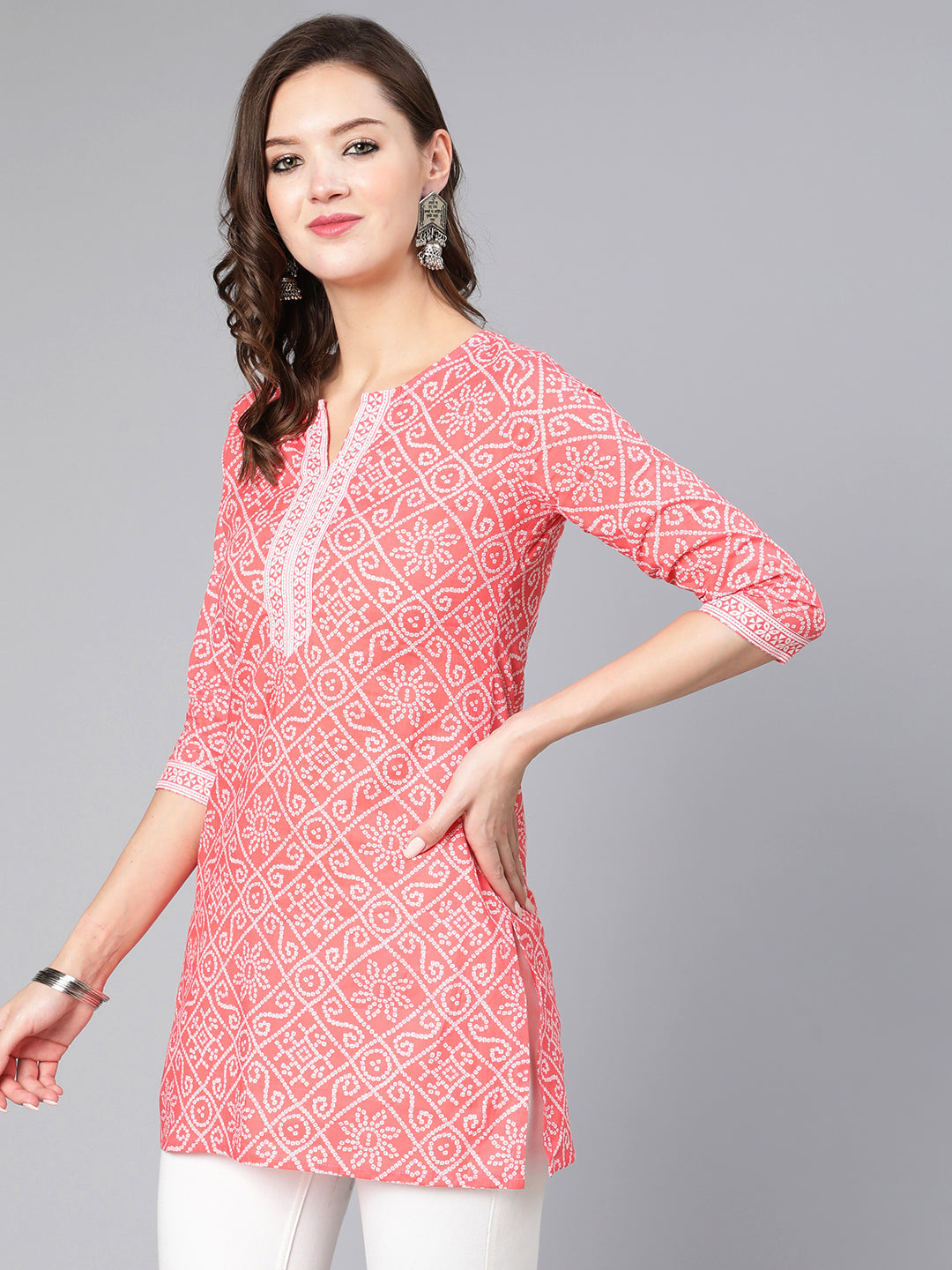 Women Pink Bandhani Printed Straight Tunic | LASVINI - Redefining Indian Fashion with Elegance