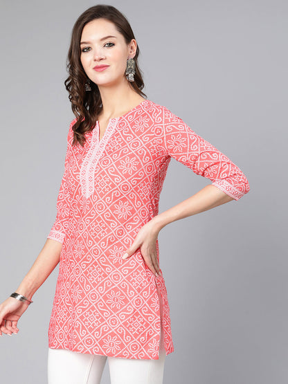 Women Pink Bandhani Printed Straight Tunic | LASVINI - Redefining Indian Fashion with Elegance