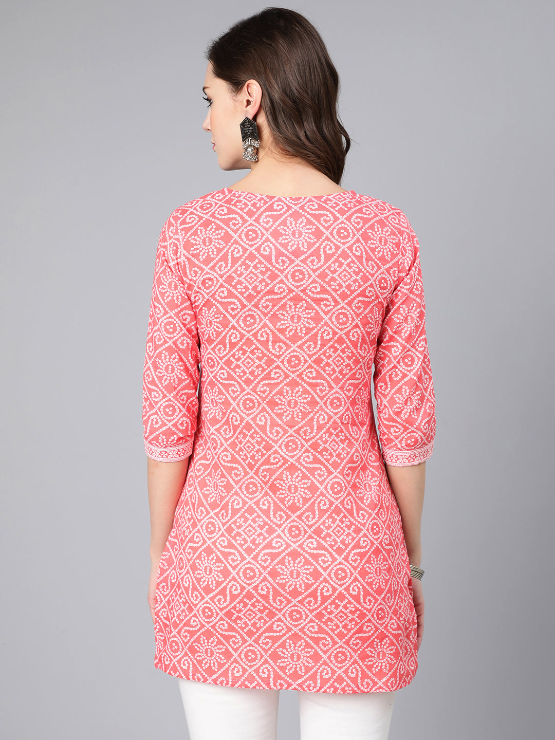 Women Pink Bandhani Printed Straight Tunic | LASVINI - Redefining Indian Fashion with Elegance