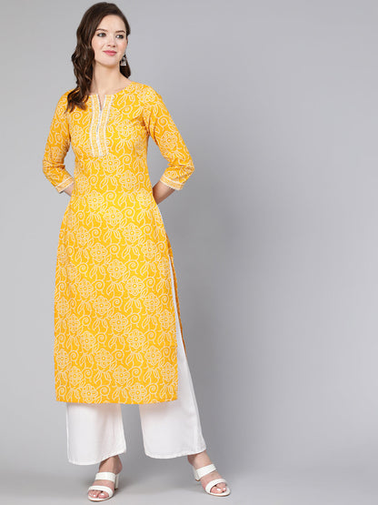 Women Yellow Bandhani Printed Straight Kurta With Three Quarter Sleeves | LASVINI - Redefining Indian Fashion with Elegance