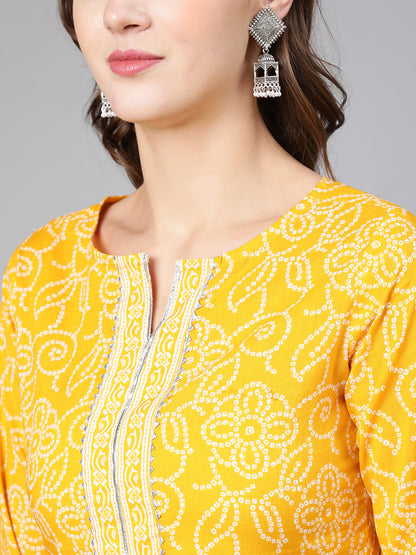 Women Yellow Bandhani Printed Straight Kurta With Three Quarter Sleeves | LASVINI - Redefining Indian Fashion with Elegance