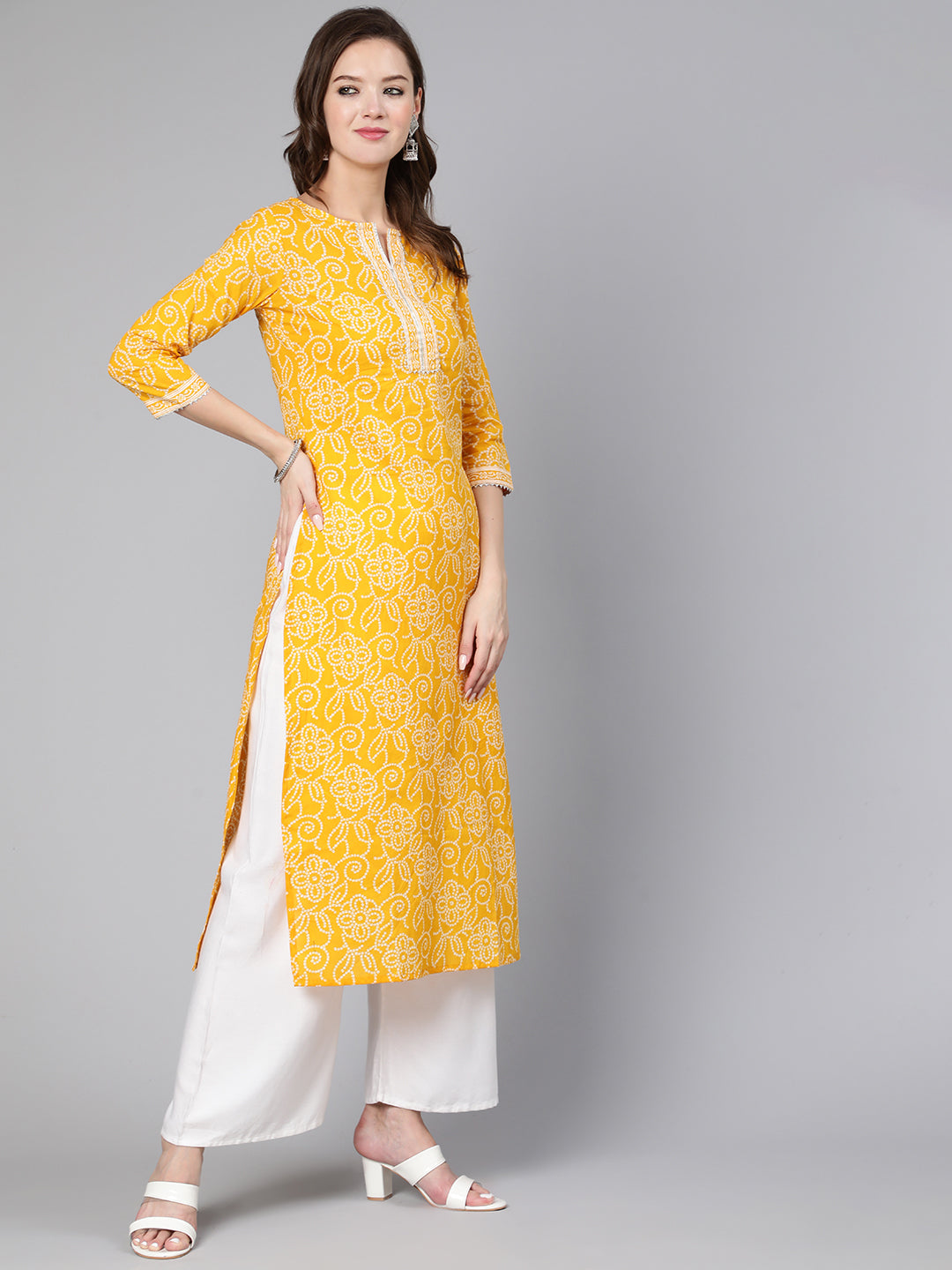 Women Yellow Bandhani Printed Straight Kurta With Three Quarter Sleeves | LASVINI - Redefining Indian Fashion with Elegance