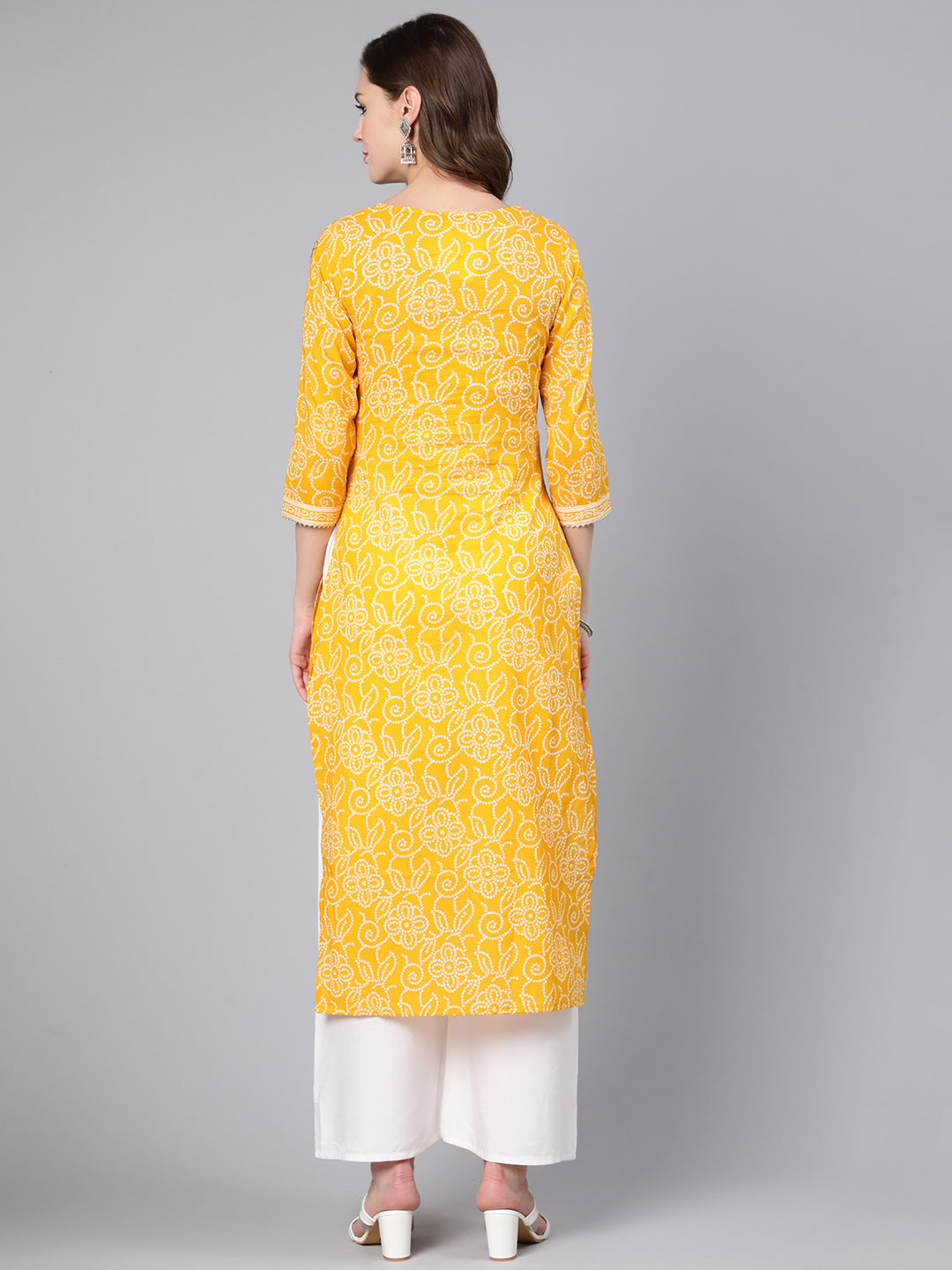 Women Yellow Bandhani Printed Straight Kurta With Three Quarter Sleeves | LASVINI - Redefining Indian Fashion with Elegance