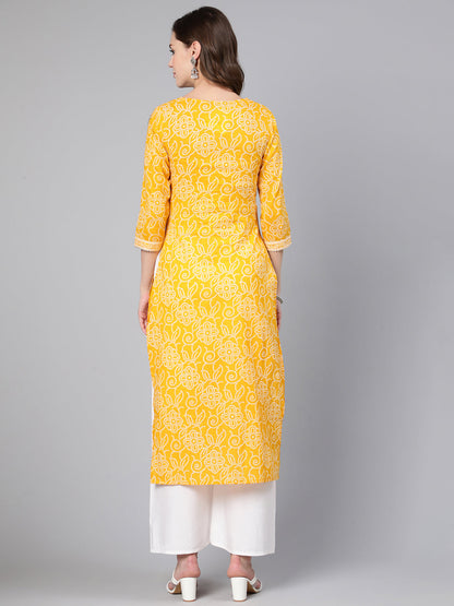 Women Yellow Bandhani Printed Straight Kurta With Three Quarter Sleeves | LASVINI - Redefining Indian Fashion with Elegance