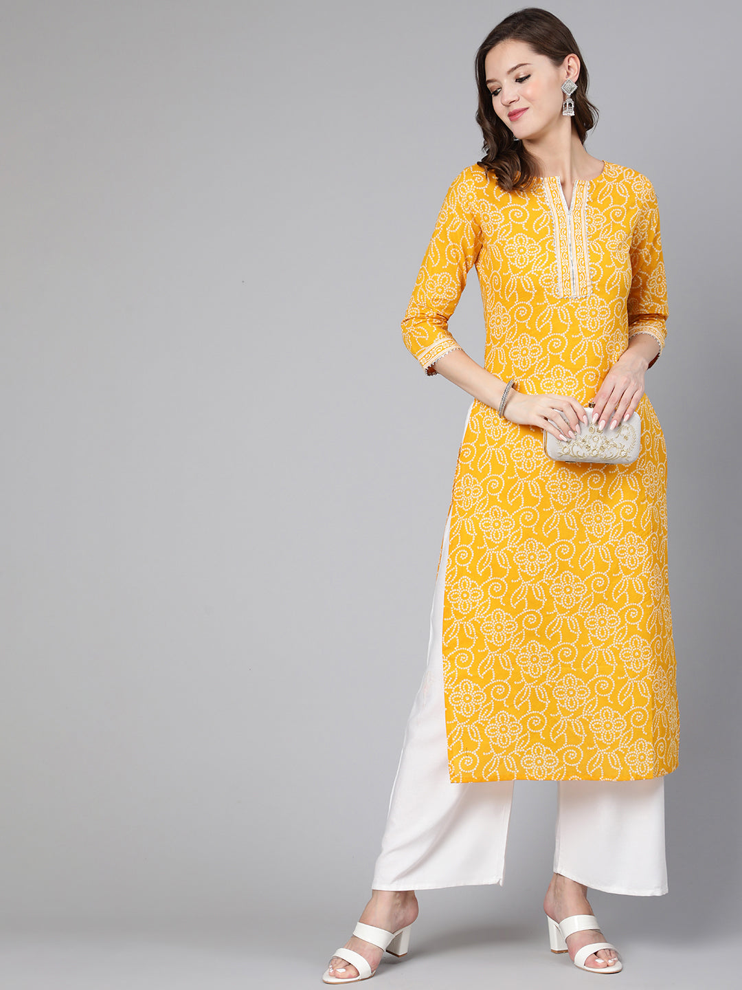 Women Yellow Bandhani Printed Straight Kurta With Three Quarter Sleeves | LASVINI - Redefining Indian Fashion with Elegance
