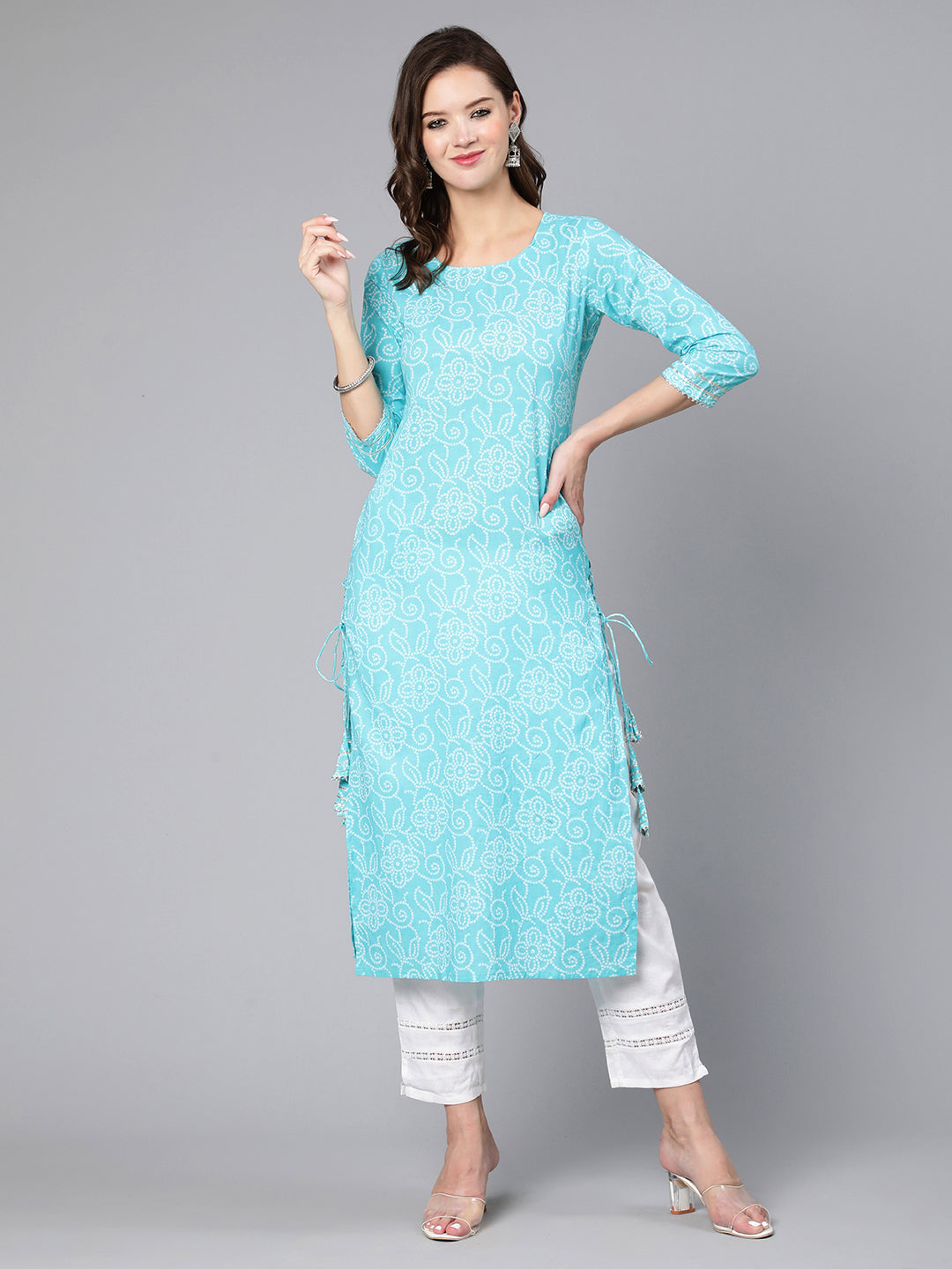 Women Aqua Blue Bandhani Printed Straight Kurta With Three Quarter Sleeves | LASVINI - Redefining Indian Fashion with Elegance