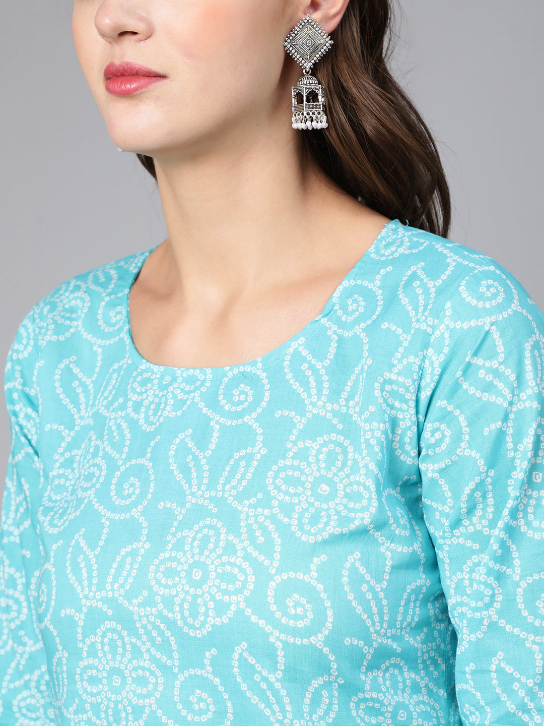 Women Aqua Blue Bandhani Printed Straight Kurta With Three Quarter Sleeves | LASVINI - Redefining Indian Fashion with Elegance