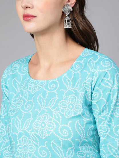Women Aqua Blue Bandhani Printed Straight Kurta With Three Quarter Sleeves | LASVINI - Redefining Indian Fashion with Elegance