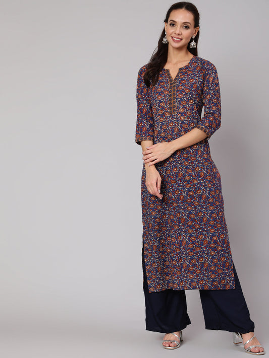 Women Blue & Beige Floral Printe Straight Kurta With Three Quarter Sleeves | LASVINI - Redefining Indian Fashion with Elegance
