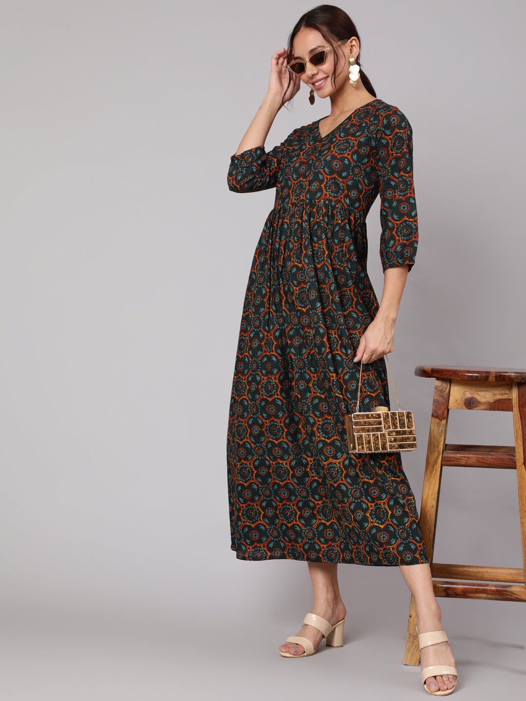 Women Green Abstrac Printed Gathered Dress With Three Quarter Sleeves | LASVINI - Redefining Indian Fashion with Elegance