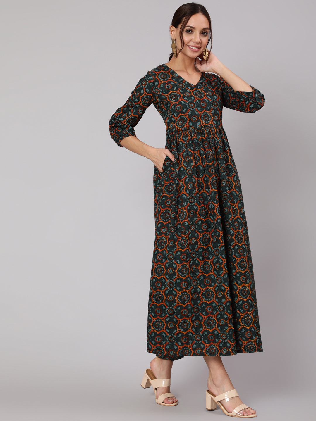 Women Green Abstrac Printed Gathered Dress With Three Quarter Sleeves | LASVINI - Redefining Indian Fashion with Elegance