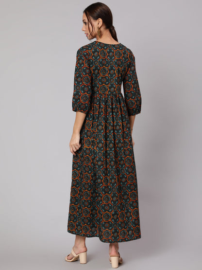 Women Green Abstrac Printed Gathered Dress With Three Quarter Sleeves | LASVINI - Redefining Indian Fashion with Elegance