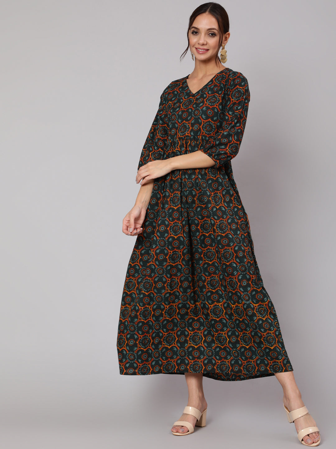 Women Green Abstrac Printed Gathered Dress With Three Quarter Sleeves | LASVINI - Redefining Indian Fashion with Elegance